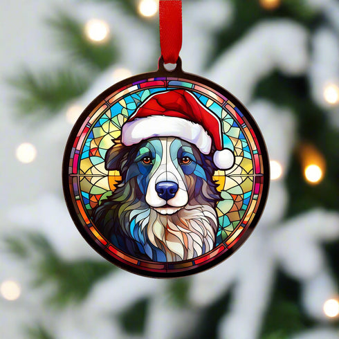 Border Collie in Santa Hat Suncatcher Decoration